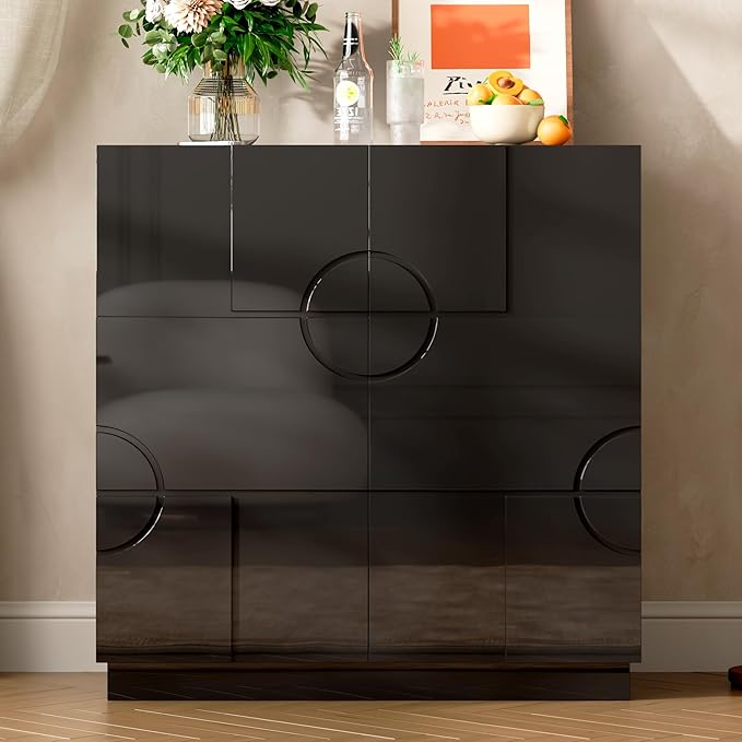 LVSOMT Sideboard Buffet Cabinet with Storage, Modern Accent Credenza with Doors and Adjustable Shelve, 33" Wood Coffee Bar Cabinet for Kitchen, Entryway, Dining Room, High Gloss Black