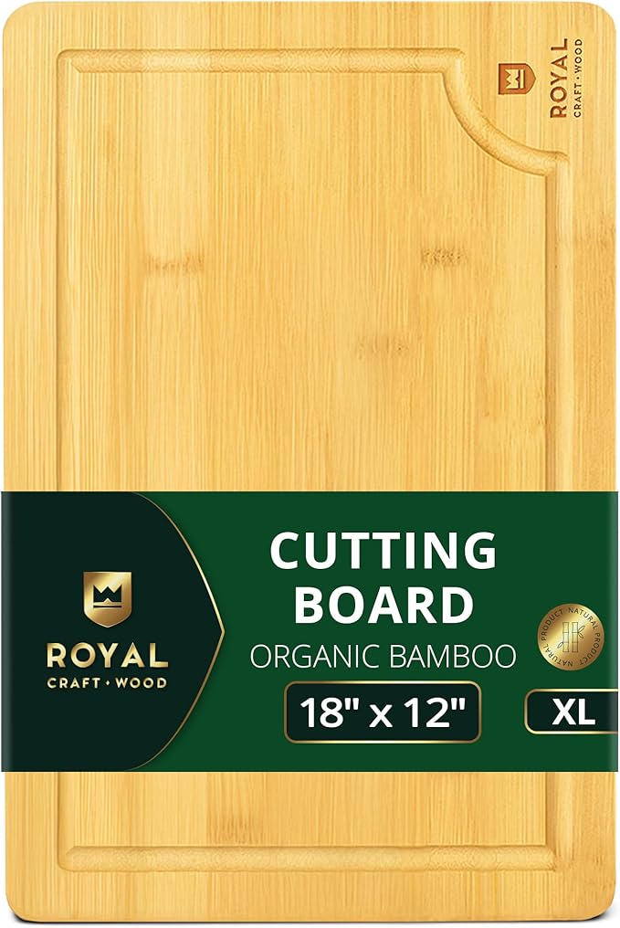 ROYAL CRAFT WOOD Wooden Cutting Boards for Kitchen Meal Prep & Serving - Bamboo Wood Serving Board with Deep Juice Groove Side Handles - Charcuterie & Chopping Butcher Block for Meat