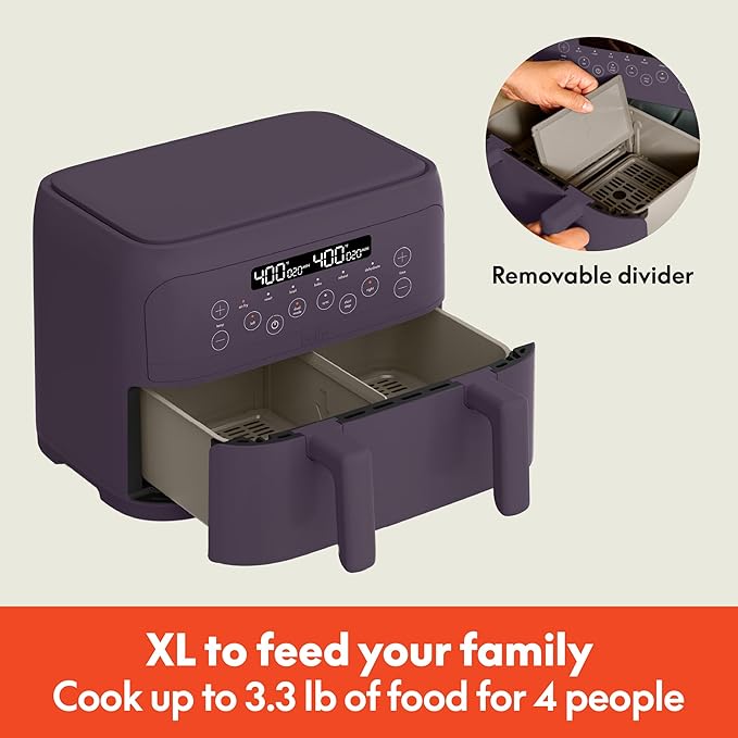 bella 4 Qt TriZone Air Fryer, EverGood™ Ceramic Nonstick Coating, Dual Basket Design w Removable Divider, Digital Touchscreen Control w 6 Preset Cooking Options, 1200 Watt, 3lb Capacity, Plum