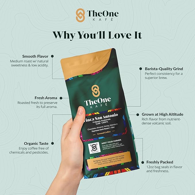 TheOne Kafé Guatemala Dark Roast Ground Coffee – Organic, Single Origin, Premium Specialty Coffee, Ethically Sourced, Smooth & Rich Flavor – Fresh Roasted for Espresso, Drip, Pour Over – 12 oz