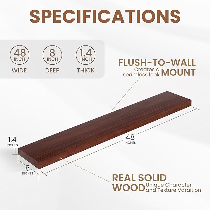 Fun Memories Rustic Real Wood Floating Shelves, 8 Inch Deep Floating Shelf Wall Mounted, 48" W x 8" D Wall Shelves Storage Shelves for Living Room, Bedroom, Bathroom, Red Brown, Set of 1