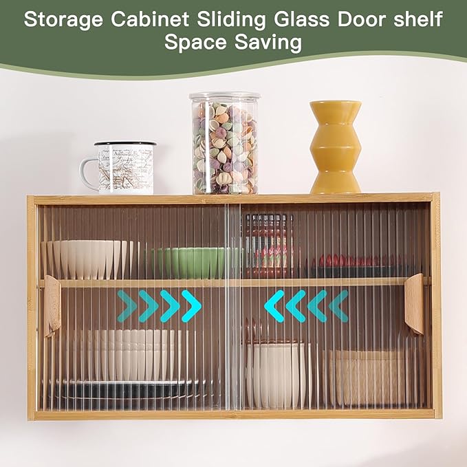 Wooden Countertop Storage, Small Bamboo Kitchen Pantry Sideboard with 2 Glass Sliding Door, Pantry Storage Cabinet for Kitchen, Living Room, Dinning Area and Bathroom, Wood