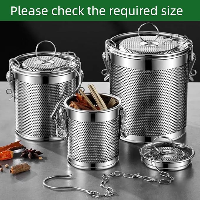 Stainless steel cylindrical seasoning filter, Multi purpose spice filter,Mesh Design Tea Ball Strainer Soup Seasonings Seperation Basket Filter with Chain Hook for Home Restaurant (12 * 12CM/1.356L)