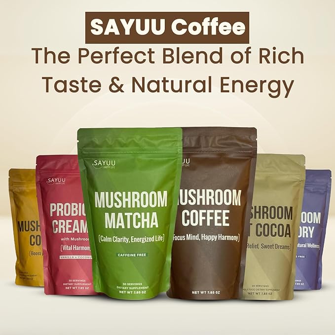 SAYUU Mushroom Coffee Hot Cocoa Mix –Instant Coffee Blend Enriched with Reishi, L-Theanine, Melatonin, Rich Cacao Flavor, Gut & Immune Health Support, Quick & Easy Bedtime Drink - 20 Servings