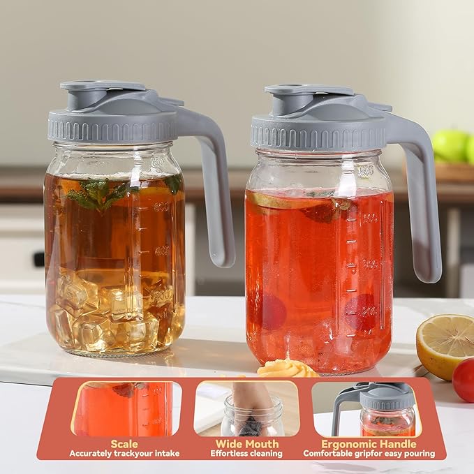 Novelinks 32OZ Glass Pitcher with Lid, Wide Mouth Mason Jar Pitcher, Leak-proof Water Jug for Juice, Milk,iced Coffee Lemonade Tea,1 Pack