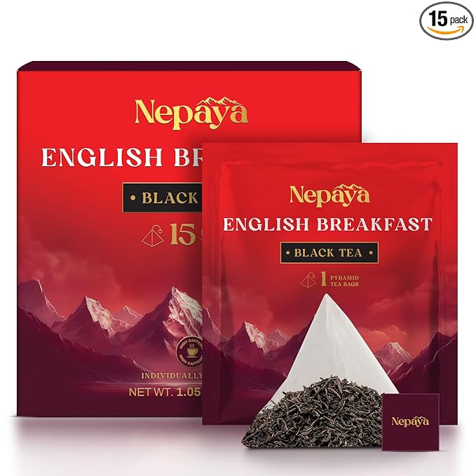 Nepaya English Breakfast Black Tea – 15 Pyramid Tea Bags, Strong & Robust, High Caffeine, Biodegradable, Himalayan Whole-Leaf Breakfast Tea
