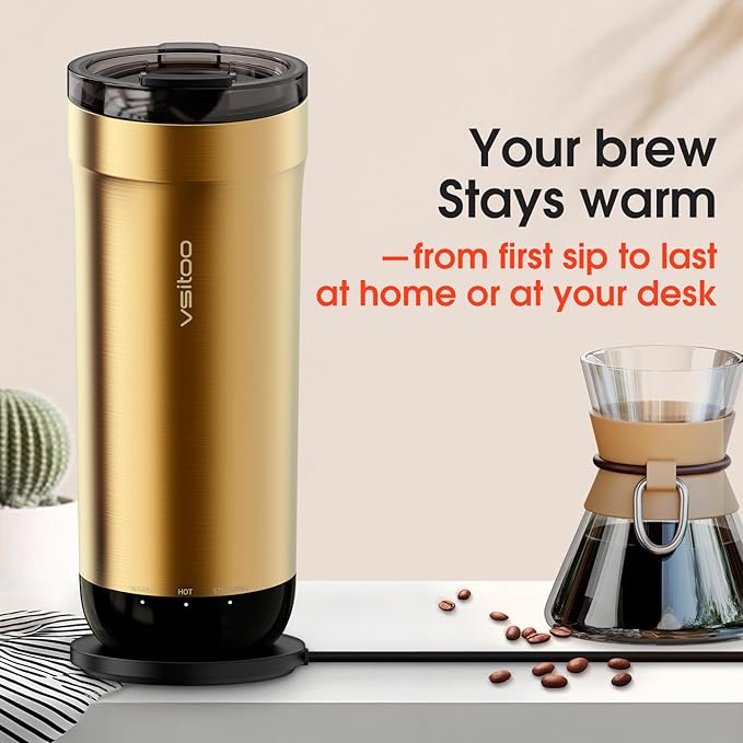 VSITOO S5 heated travel mug,16oz, Auto-Sensing AI Heats Drinks To 120-150°F Hands-Free. Temperature Control for All Cars, Perfect for Home/Office/Travel/Outdoor, Ideal Gift for Coffee Lovers - Gold