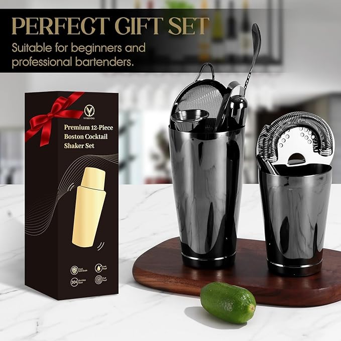 Black Cocktail Shaker Set 12-Piece - Stainless Steel Mixology Bartender Kit with 30oz+20oz Boston Shaker Tins, Japanese Jigger, Hawthorne Strainer for Home Bartending | Christmas