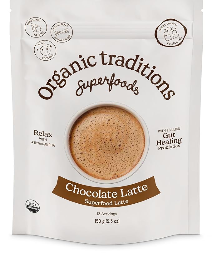 Organic Traditions Superfood Chocolate Latte – Creamy Coconut Milk Base - Dual Extract Ashwagandha – Easy to Mix - Sweetened with Coconut Palm Sugar – 1 Billion Probiotics per Serving - 150g/ 5.3oz Bag