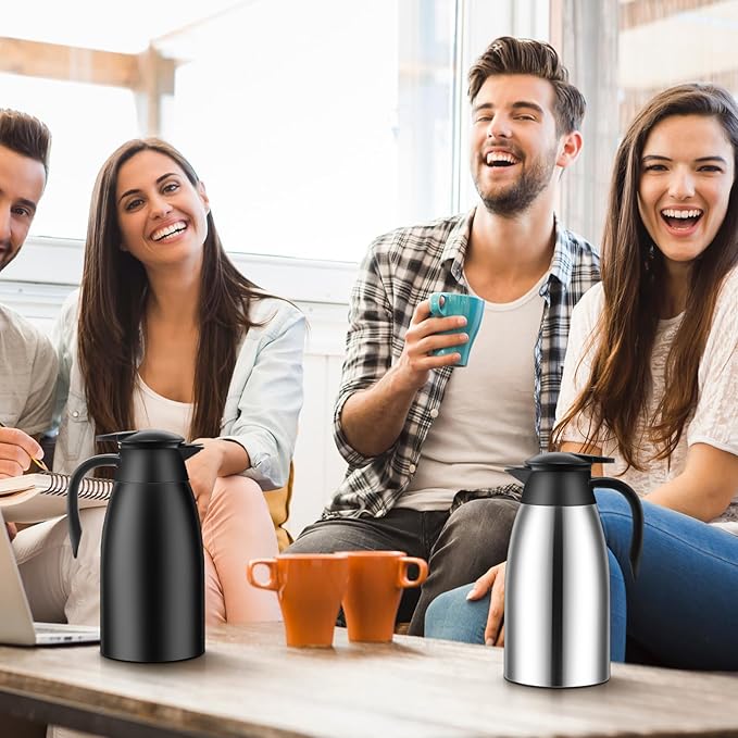 2 Pcs 51 oz Thermal Coffee Carafe for Keeping Hot Insulated Stainless Steel Vacuum Thermal Pot Flask Double Walled Vacuum Coffee Carafe for Beverage Water Tea, 12 Hot 24 Hours Cold(Silver, Black)