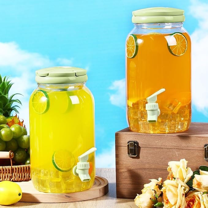Havawish 2 Pcs 1 Gallon Plastic Beverage Dispenser with Spigot Clear Summer Kitchen Fridge Drink Dispenser for Parties Lemonade Juice Tea Beer Cold Water(Green,Cylinder)