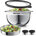 18/8 Stainless Steel Salad Bowl Kit - 74oz, Mixing Bowls with Lids Set, Teakwood - Comes with 1.7oz Condiment Container and Removable Tray for Organization - Leak-Proof, Dishwasher Safe (Mirror)