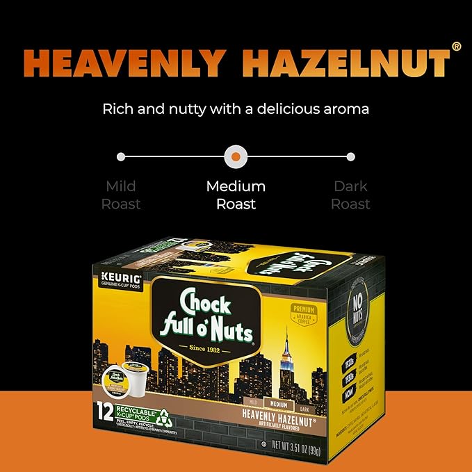 Chock Full o'Nuts Heavenly Hazelnut Coffee, Compatible with Keurig K-Cup Pods, 12 CT (Pack of 6)