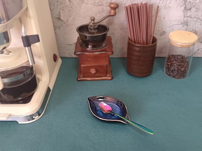 Coffee Spoon and Rest for Coffee Bar Accessories, Leaf Small Spoon Rest for Coffee Station, Tea Spoon Rest Tea Spoon Holder Teaspoon Rest, 1 PC (Retro Sapphire with Rainbow Rose Spoon)