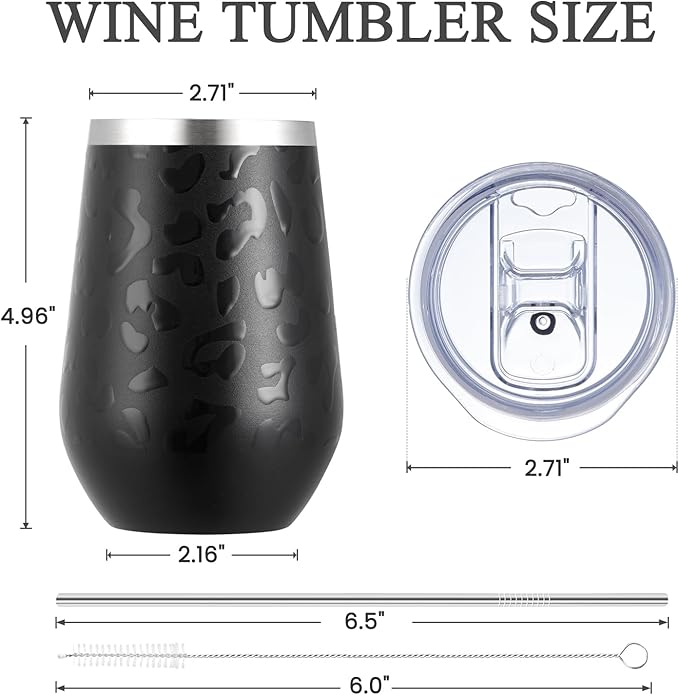 MEWAY 12oz Insulated Wine Tumbler with Press-In Lid, Double Wall Vacuum Stainless Steel Travel Tumbler with Straw,Travel Cup for Coffee, Gift for Woman Under 10 dollars(Black Leopard,Set of 12)