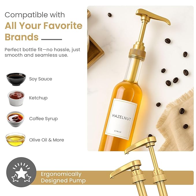 Syrup Pump for Coffee Syrup Bottles – 2-Pack Dispenser Pumps Fits 750ml / 25.4 oz Flavoring Syrup Bottles – Compatible with Torani & More – Gold Coffee Syrup Dispenser Pump for Home & Cafe Use