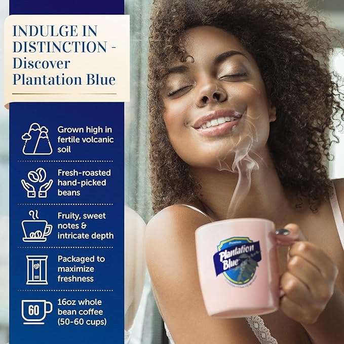 Plantation Blue 100% Blue Mountain Coffee, Dark Roast, Whole Bean, Premium Jamaican Coffee, 8oz