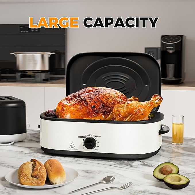 14 Quart Electric Roaster Oven, Turkey Roaster Electric, Roaster Oven Buffet, Selfbasting Lid, Removable Pan, Full-Range Temperature Control Cool-Touch Handles, White Body, Black Lid