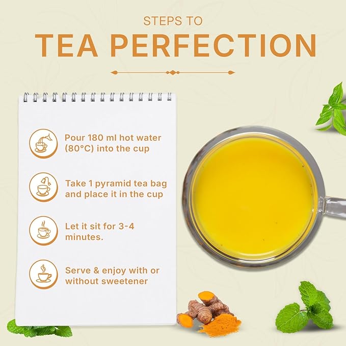Turmeric Tulsi Tea Bags (50 Count), Green Tea with Turmeric & Peppermint, Stress Relieving, Low Caffeine Gluten Free, Whole Loose-Leaf Pyramid Tea Bags