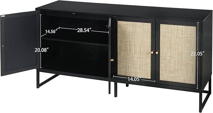 Modern Sideboard Cabinet, Accent Storage Cabinet with Rattan Doors and Adjustable Shelves, Freestanding Sideboard Storage Cabinet for Kitchen Dining Living Room Hallway Office (Black)