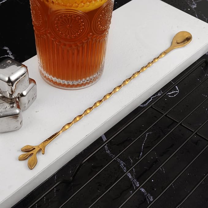 AnSaw Gold 10-Inch Stainless Steel Cocktail Spoon with Leaf Handle - Perfect for Mixing & Layering Drinks in Tall Cups, Bar & Shakers - Durable Long Handle Bar Stirrer,2-Pieces