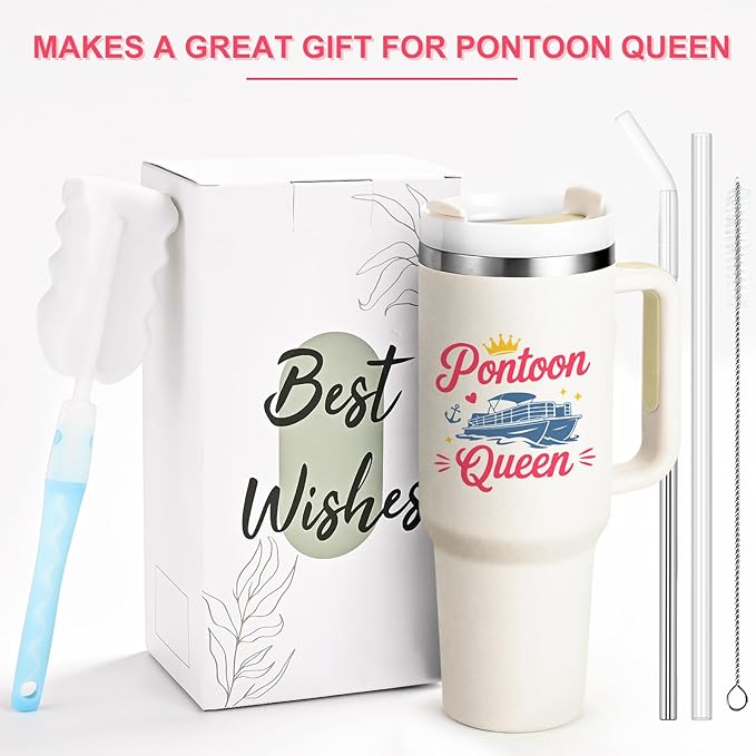 Gtmileo Pontoon Boat Gifts, Pontoon Queen Insulated Coffee Mug, Christmas Birthday Holiday Gift for Pontoon Owner Boat Lover Women (40-Oz, Beige)