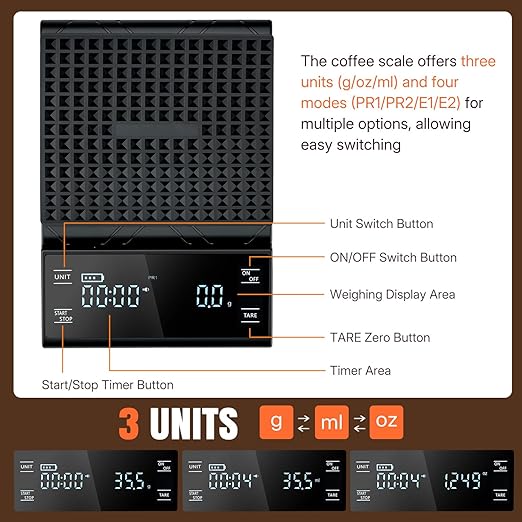 Wigearss Coffee Scale with Timer, 5kg/0.1g Accuracy, Rechargeable, Digital Precision for Espresso & Pour-Over Brewing, Digital Kitchen Scale with Auto Tare, Lit LCD Display and Silicone Cover - Black