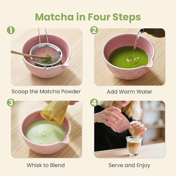 Matcha Whisk Set, Pink Matcha Kit (9 Pcs) Includes Bowl, Whisk, Holder, Scoop, Sifter, Spoon, Rest, Mat, Book - Exclusive Patented Ceramic Matcha Set for Matcha Lovers