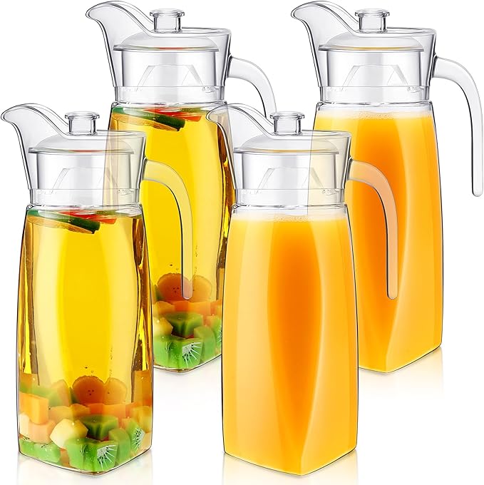 4 Pcs Acrylic Water Pitcher with Lid, Spout Handle Clear Plastic Pitcher Heat Resistant Carafe Unbreakable Beverage Container Fridge Jug for Juice Ice Tea Sangria Lemonade(54 oz,Diamond)