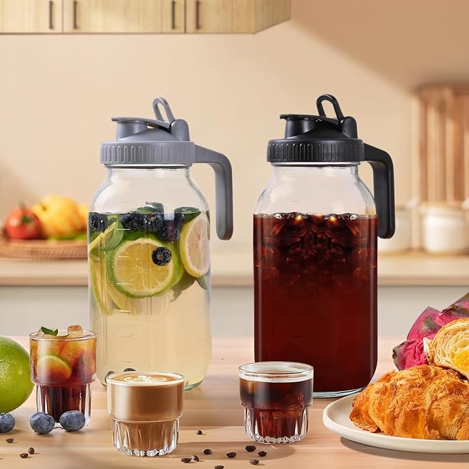 64oz Glass Pitchers with Lid and Spout, 2 Quart Mason Jar Pitchers, Wide Mouth Jar Leak-proof Water Jug for Water, Juice, Milk, Tea, Iced Coffee, and Drinks, 2 Packs.