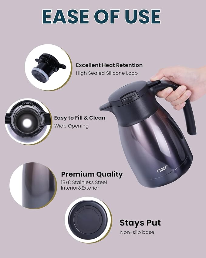 GiNT 1L / 34Oz Thermal Coffee Carafe, Insulated Stainless Steel Coffee Carafes for Keeping Hot/Double Walled Vacuum Thermal Carafe (Purple)
