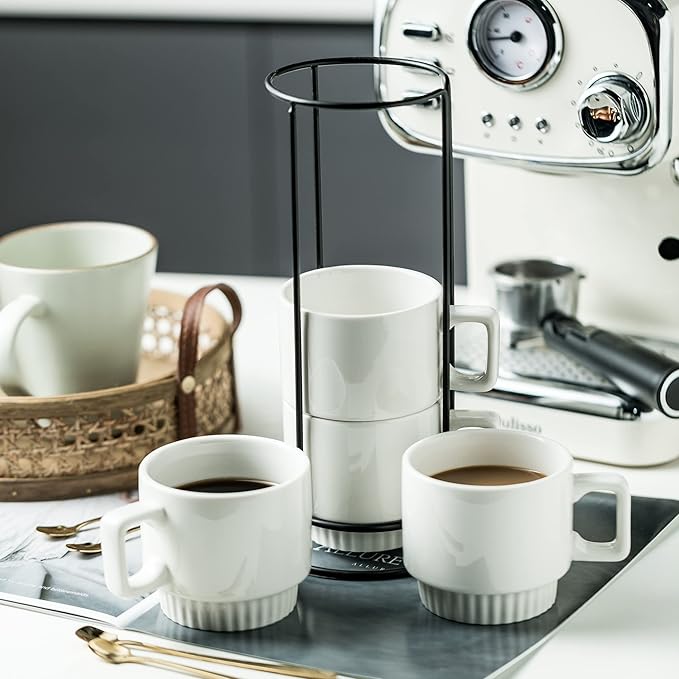Coffee Mugs Set of 4, Stackable Coffee Cups with Holder Spoons 11oz Ceramic Espresso Cup for Cappuccino Latte Tea Drinks, Dishwasher & Microwave Safe, White