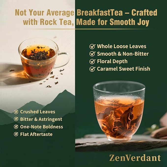ZenVerdant Unique Breakfast Tea Blend - 3 Premium Wuyi Rock & Black Teas, Loose Leaf, Resealable Pouch | Floral Notes, Caramel Sweet Aftertaste, Smooth & Non-Bitter | 3+ Steeps