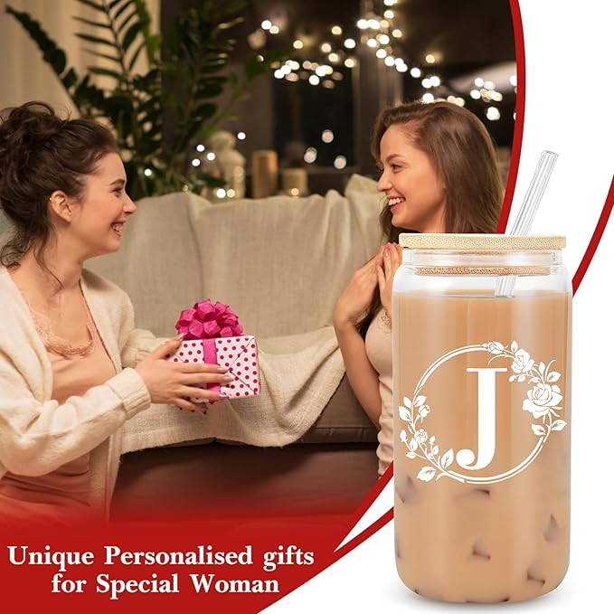Birthday Gifts for Women, Monogrammed Initial Glass Personalized Gifts for Women, 16oz Glass Cups with Lids and Straws, Iced Coffee Cup, Beer Can Shaped Glass - Personalized Christmas Gifts J
