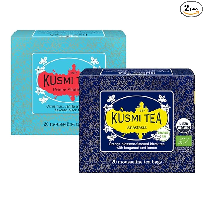 Kusmi Tea - Pack of 2 Boxes of Tea Bags - Anastasia + Prince Vladimir - Organic Flavored Black Tea - Iconic Earl Grey with Bergamot Orange and Lemon - Caffeinated Tea - 2x20 Tea Bags
