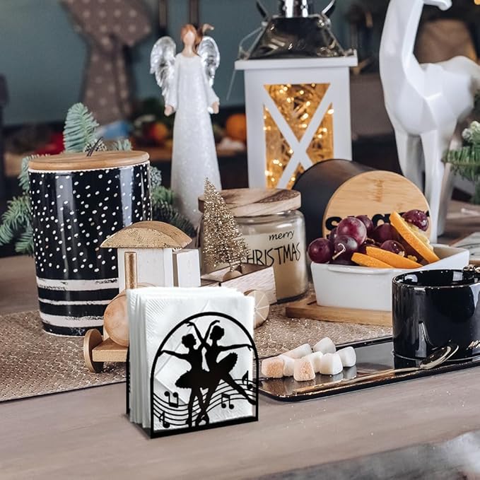 Ballerina Decorative Black Metal Napkin Holder for Table, 5.3" x 4.9" x 1.9" Ballet Dancer Standing Napkin Holder for Home Kitchen Restaurant Picnic Party Coffee Bar Dining Room