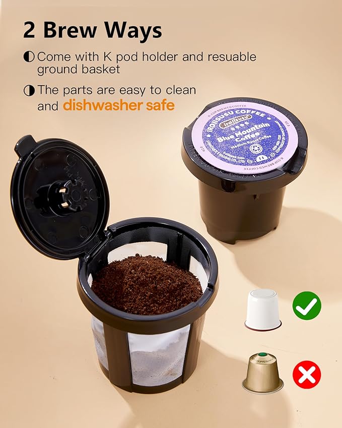 Single Serve One Cup Coffee Maker, for K Cups and Grounds, Mini Coffee Maker with Portable Handle, 6 to 12 Oz Brew Size, for Travel, Camping, Office, RV and Dorm, 120V, White and Brown