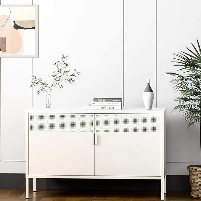 Metal Storage Cabinet with Doors,White Accent Cabinet,Metal Locker Storage Cabinets,2 Door TV Media Stand with Removable Shelves for,Home,Office,Entryway,Living Room