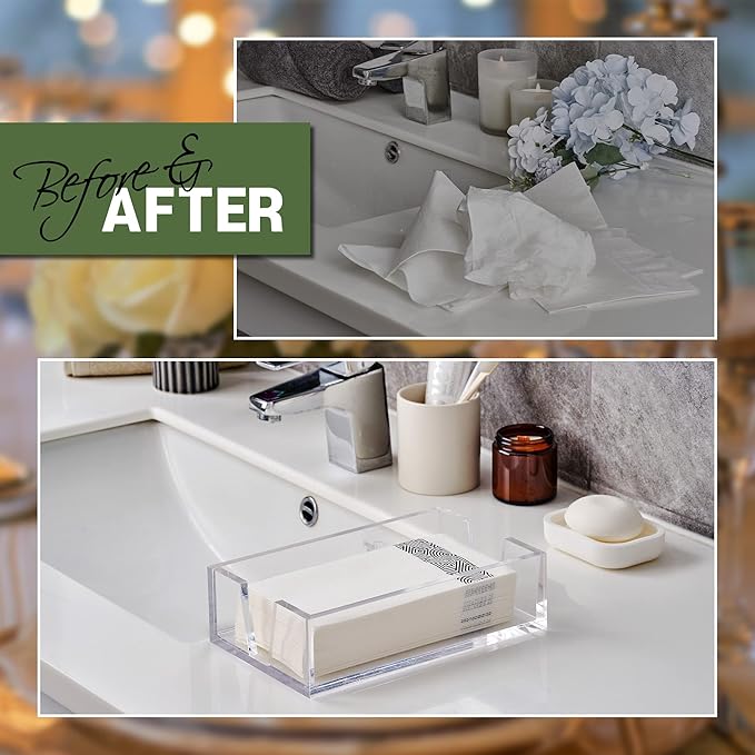 Acrylic Guest Towel Holder Tray for Bathroom – Napkin Holder for Disposable Paper Towels, Hand Towel Organizer for Vanity or Bathroom, Clear Bathroom Accessory, 8.7 x 5.2 x 2.5 Inch Size