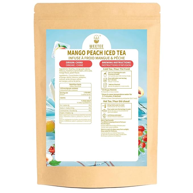WT WEETEE Mango Peach Iced Tea, 100 Count Cold Brew Tropical Fruit Flavored Iced Tea Bags, Caffeine-Free Herbal Blend Tea of Rosehip, Hibiscus, Hawthorn