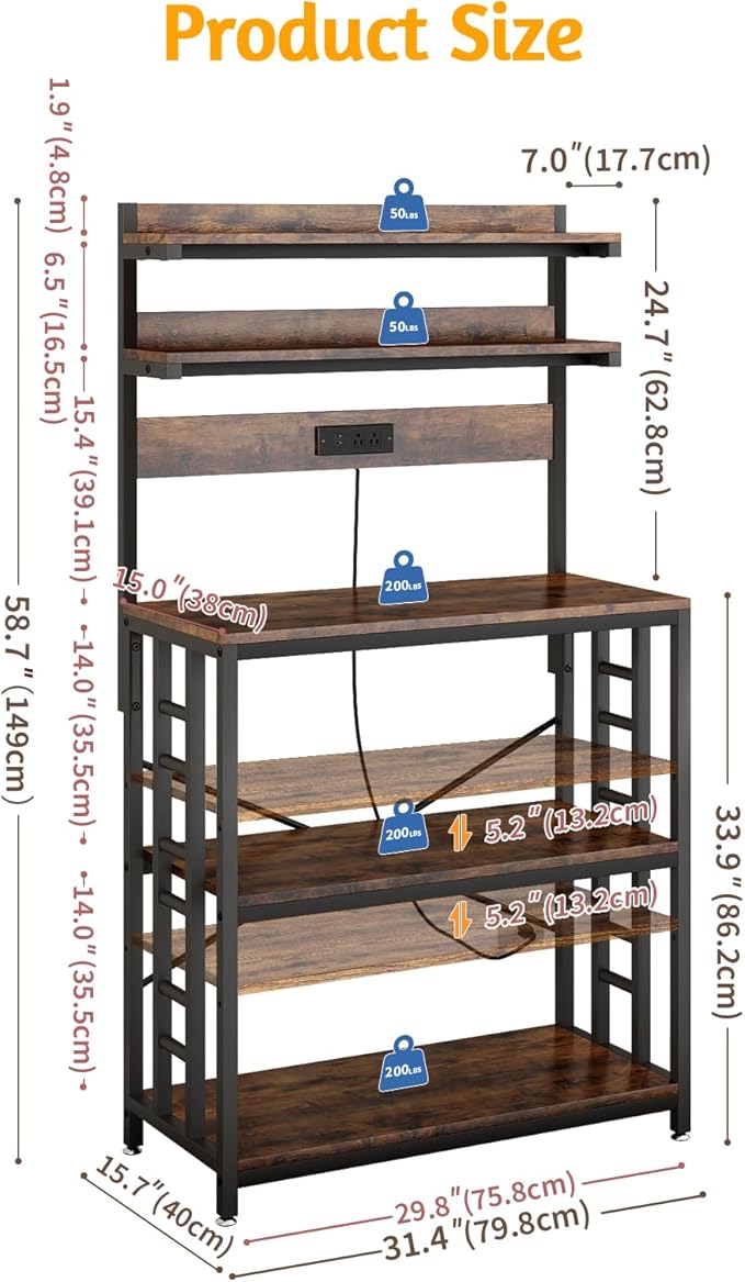 Adjustable Bakers Rack with Power Outlet,Coffee Bar Station with Led Lights,Microwave Stand with Storage,5-Tier Kitchen Shelf,Kitchen Storage Rack for Spices, Pots and Pans,Rustic Brown