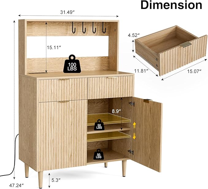 Coffee Bar Cabinet with Storage, Modern Sideboard with Drawers, Shelves, Outlet and Fluted-Door for Kitchen, Dinning Room, Living Room, Natural