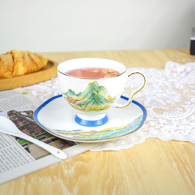 Bone China Tea Cup and Saucer Set, Bone China Coffee Cups and Saucers, Vintage Blue and White TeaCups snd Saucers Gift for Mom Friend Tea Party (Blue D)