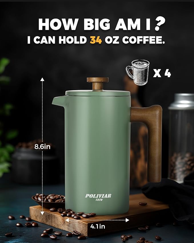 POLIVIAR French Press Coffee Maker, 34 oz Coffee Press with Real Wood Handle, Double Wall Insulation & Dual-Filter Screen, Food Grade Stainless Steel for Good Coffe and Tea (Flatland)