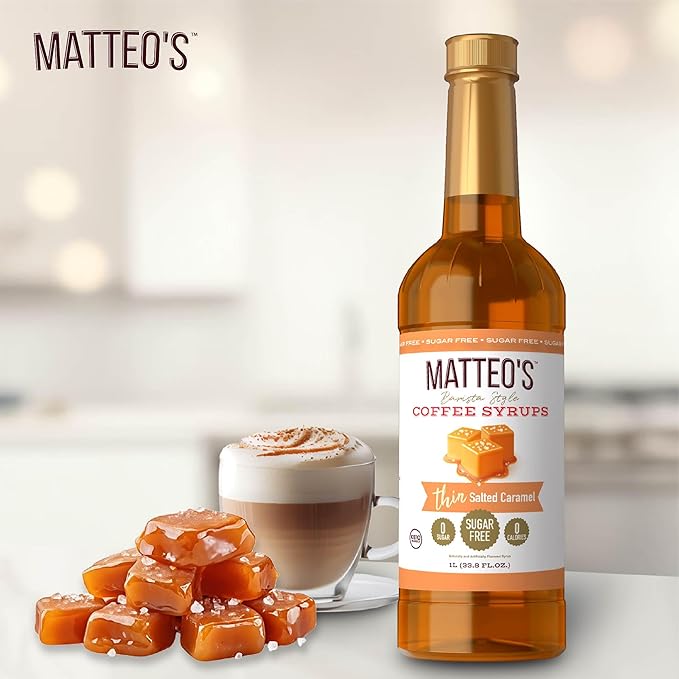 Matteo's Salted Caramel Syrup for Coffee, Lattes, Cappuccinos & Desserts – Sugar-Free Sweetener for Beverages, Keto Friendly, Zero Calories, Indulgent Flavor, Non-Alcoholic, 33.8oz (6pk)