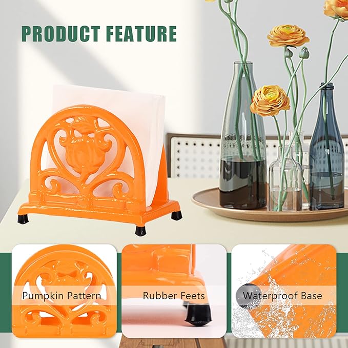 Napkin Holder for Table - Vintage Farmhouse Kitchen Restaurant Cast Iron Napkin Holder for Dinner Cocktail Paper Napkins, Orange