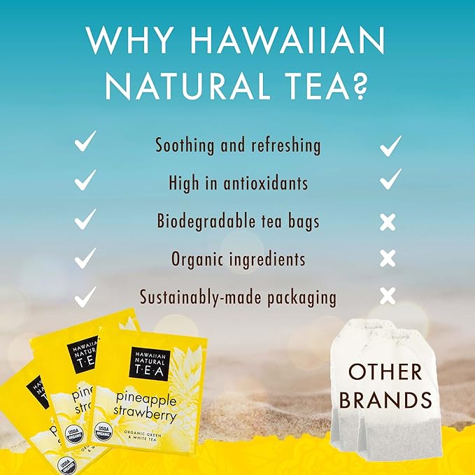 Hawaiian Natural Tea Pineapple Strawberry Flavored Organic Tea - Tropical Fruit Green Tea Blend with White Tea - Perfect Daily Cup & Gift for Tea Lovers - 60 Tea Bags