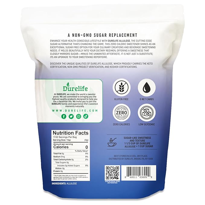 Durelife Allulose sweetener, 10 lb 100% Pure No Erythritol powdered Sugar Substitute, NON-GMO Project Verified, Keto Certified, OU kosher, No Fillers, Zero Calories sugar alternative 10 Lbs