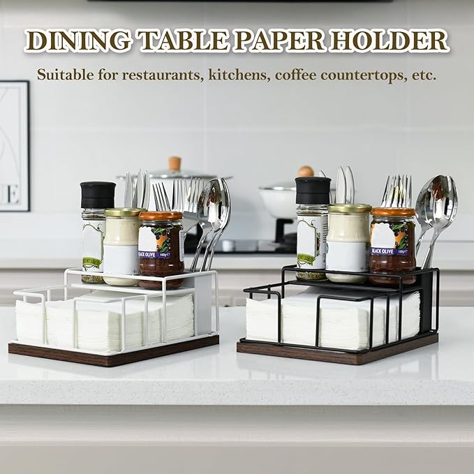 Napkin Holder for Paper Napkins,Flat Napkin And Utensils Holder For Kitchen Dining Table Wood Black Napkin Holders Cutlery Storage Box