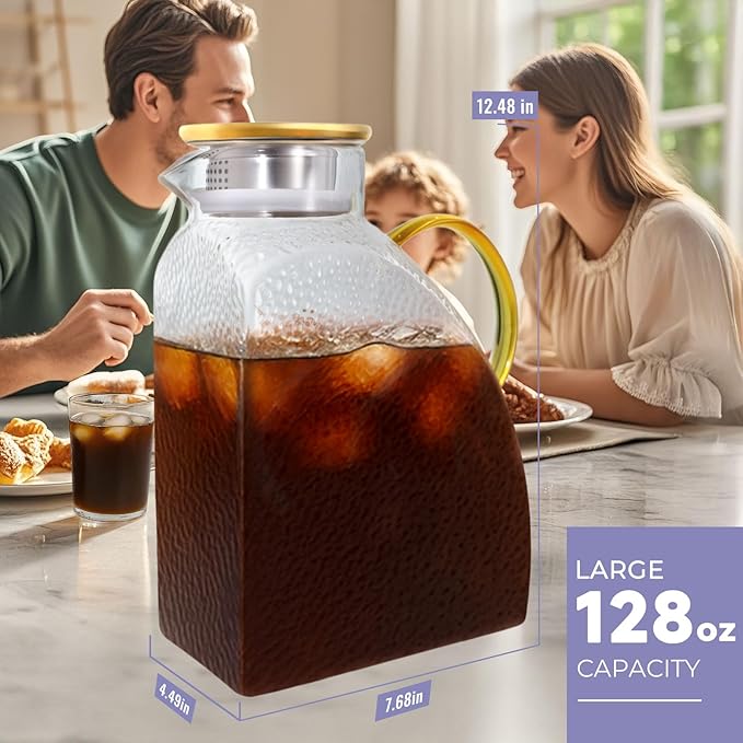 Glass Pitcher With Lid,1 Gallon Glass Water Pitcher For Fridge, 128OZ glass pitchers With Handle And Lid, Hot And Cold pitchers, Large Carafe Jug For Iced Tea Juice Coffee Milk